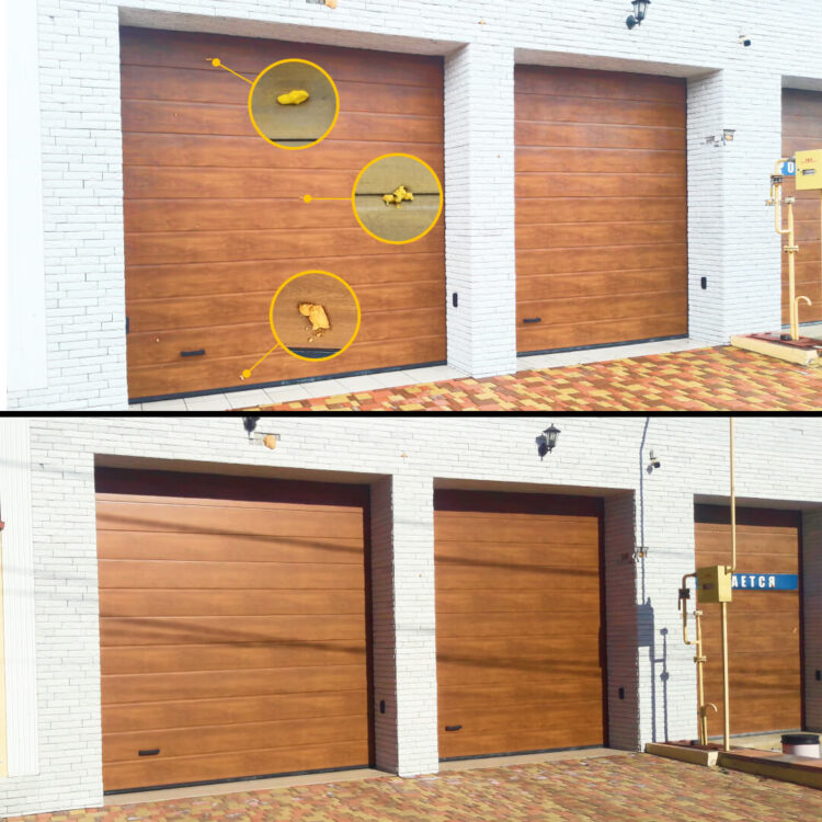 Секційні ворота, прошиті осколками від РСЗВ